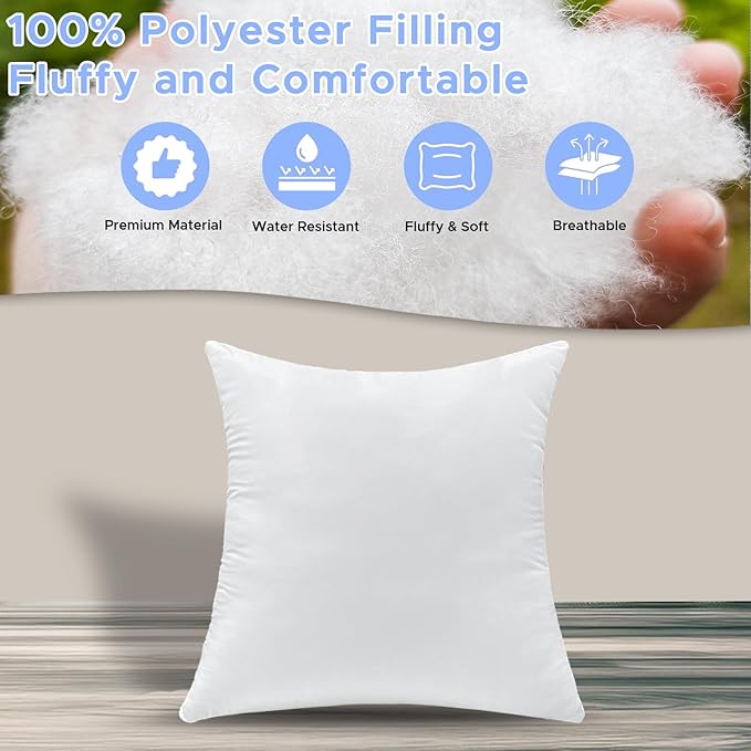 22x22 Inch Outdoor Throw Pillow Inserts, Pack of 2 - Premium Large Water-Resistant Decorative Pillows Stuffer for Sofas, Chairs,Patio Furniture, Porch Swing- White
