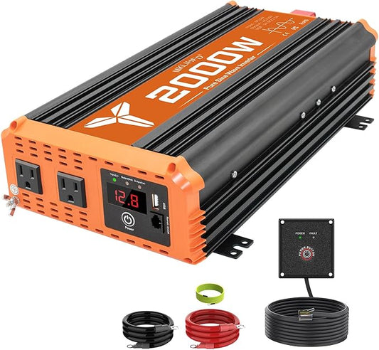 2000 watt Pure sine Wave car Inverter 12V DC to 120V AC, 4000W Surge Peak Power, Inverter for RV, Truck, Solar, Campers with 2 AC Outlet, Remote Control Compatible with Lithium Battery