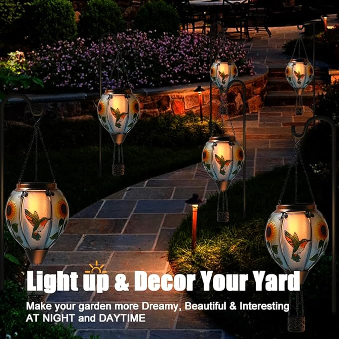 Hot Air Balloon Solar Lantern - Hummingbird Glass Lantern, Simulated Flickering & Dancing Flame, Outdoor Hanging Sunflower Yard Light Waterproof IP65 for Patio Lawn Porch Decor Gift