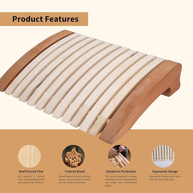 Sauna Headrest - Natural Wood Ergonomic Head Pillow for Home Sauna, Infrared Saunas Accessories, Neck Support Sauna Pillow