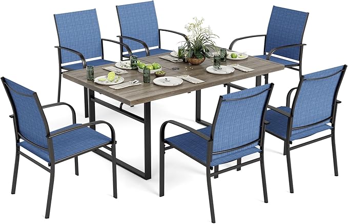 7-Piece Outdoor Dining Set 6 Blue Textilene Chairs and Steel Tabletop with Wood Grain Rectangle Table for Deck Garden Backyard Lawn Poolside