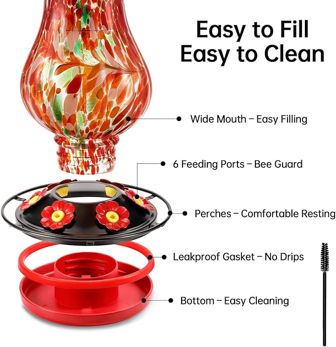 Solar Hummingbird Feeder for Outdoor - 25 fl.oz Hand Blown Glass Hummingbird Feeders for Outdoors Hanging, Large Capacity with Moat, 6 Colors Changing Light Outside Garden Decor (Red)