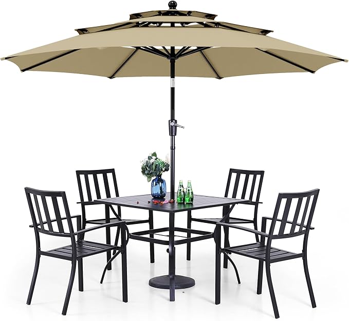 PHI VILLA 5 Piece Outdoor Dining Set with 10ft Umbrella, 37" Square Metal Dining Table & 4 Stacking Metal Chair with 3 Tier Beige Umbrella for Patio, Deck, Yard, Porch