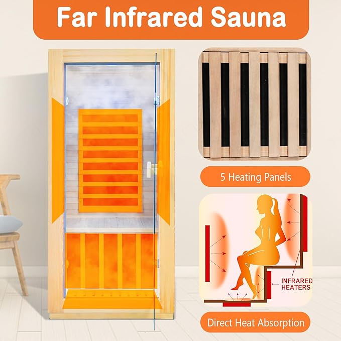 Home Far-Infrared Sauna Cabin Crafted from Canadian Hemlock Wood 900W Red Light Bluetooth Speaker Single-Person Indoor Model Dimensions: 28.35 × 32.28 × 61.42 inches