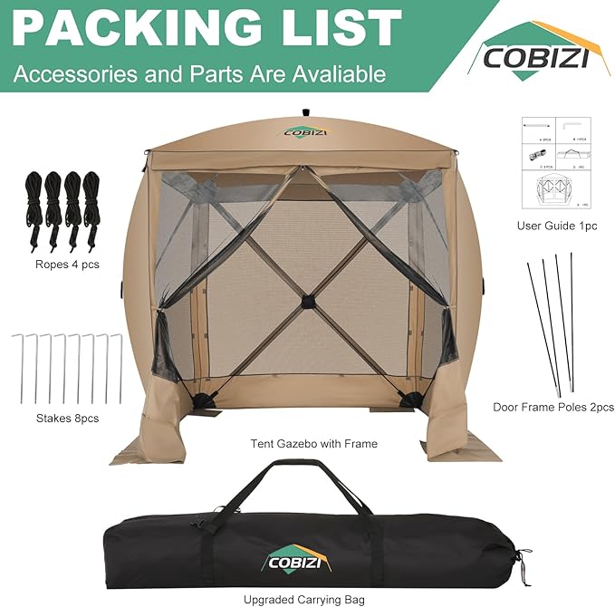 COBIZI 6x6 Pop up Gazebo Tent on Clearance, Ez up Waterproof Screen Tent Screen House with 3 sidewalls,Portable Outdoor Canopy with Carry Bag & Ground Stakes for Camping,Garden and Picnics, Khaki
