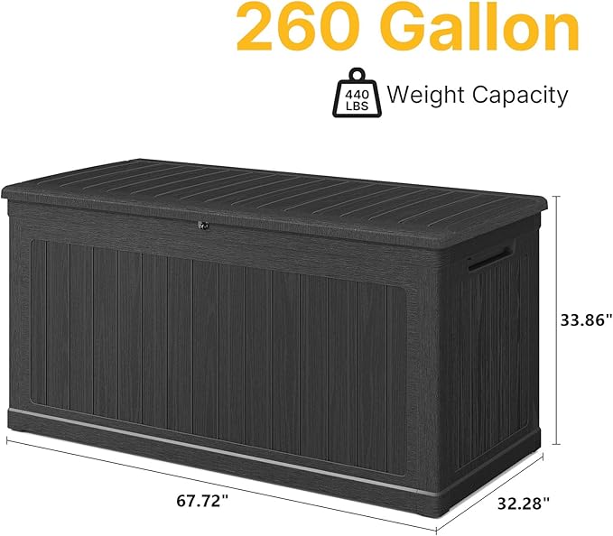 260 Gallon Deck Box Extra Large, Outdoor Storage Box Lockable, Patio Storage Box Waterproof and UV Resistant, 440lbs Load Capacity for Garden, Patio, Pool (Black)