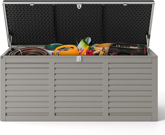 HUGROVE Resin Deck Box, 130 Gallon Outdoor Storage Box with Lockable Lid, Waterproof Patio Storage for Garden Tools & Outdoor Accessories (Dark Black) (Light Gray)