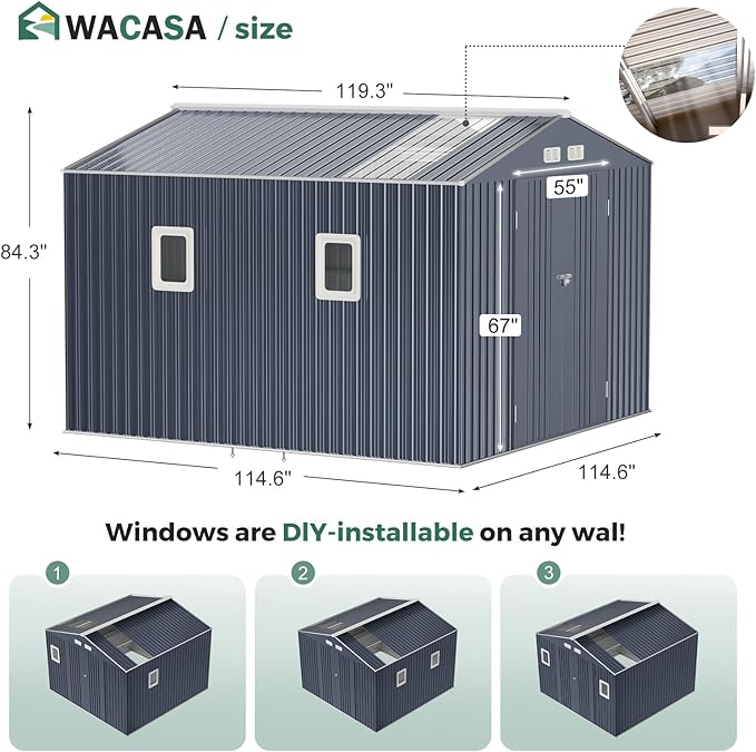 WACASA Metal Shed 10x10 with Floor Kit Sheds Outdoor Storage, Natural Lighting Tool Sheds with Translucent Roof Panels, Windows, Lockable Doors, Ideal for Garden, Backyard, and Patio
