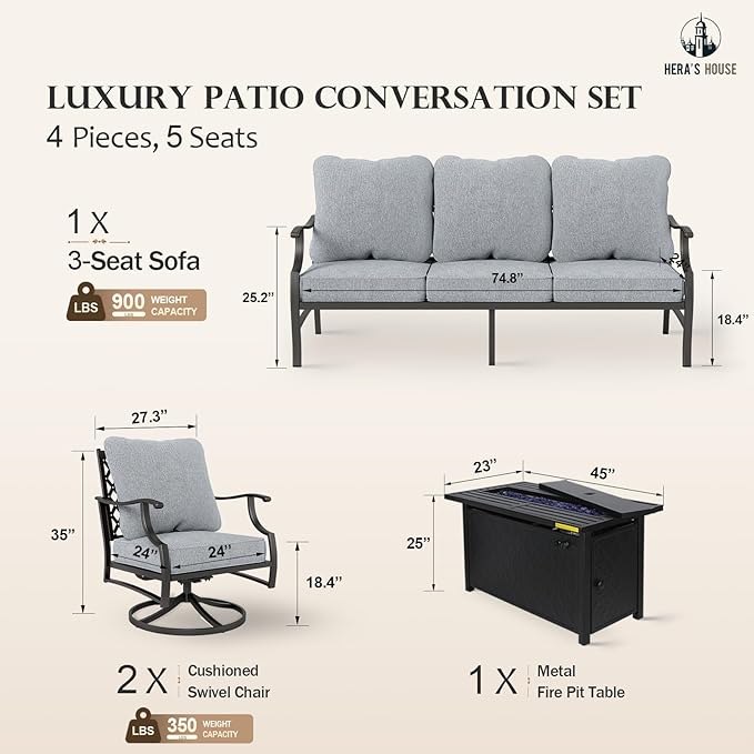 HERA'S HOUSE 4 Pieces Patio Furniture Set with Fire Pit Table, 2 x Swivel Cushioned Chair, 3-Seat Sofa with 45" Fire Pit Table, Outdoor Conversation Set for Garden, Poolside, Backyard, Grey