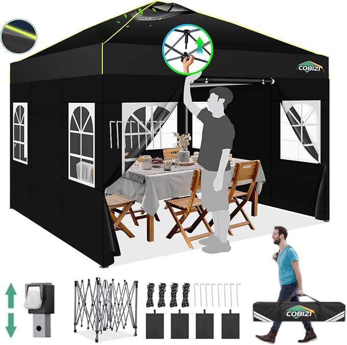 COBIZI 10x10 Pop up Canopy Tent with Sidewalls,One Person Setup, Waterproof,3 Adjustable Height,Outdoor Commercial Gazebo with Air Vent, Reflective Strip,4 Sandbags for Garden,Party, Beach,(Black)