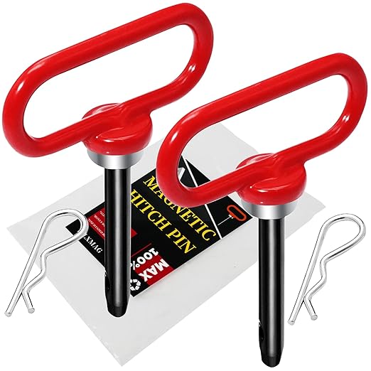 2 Packs Magnetic Hitch Pin, Lawn Mower Trailer Hitch Pins 1/2 Inch with Handle and Clip, Trailer Gate Pin for Mowers, Tractor Truck, Towing Cargo, ATV - Simple One Handed Hook On & Off（Red
