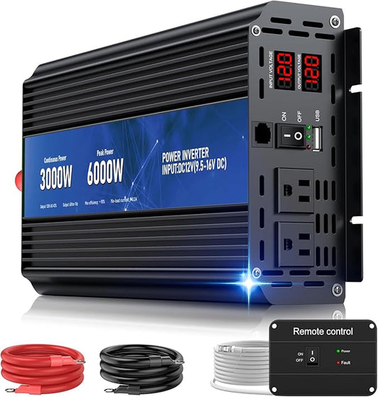 3000W Power Inverter,Peak Power 6000W 12V DC to AC 110V120V,Remote Control with 2AC Outlets and 2.4USB Port,LCD Display for Power Converter,Outdoor Activities,Emergency,Vehicles Truck RV Solar System