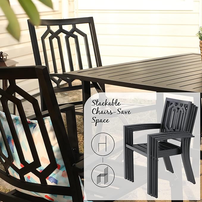PHI VILLA Patio Dining Set 8 PCS with 13ft Double-Sided Patio Umbrella(Beige)，Metal Outdoor Dining Set - 6 x Outdoor Stackable Chairs, 1 x 60"x38"Rectangle Dining Table and 1 Umbrella