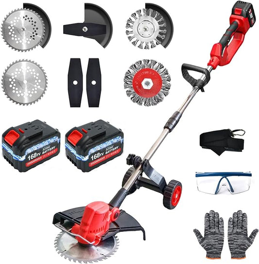 20000 RPM Electric Weed Wacker with Wheel, 3-in-1 Brushless Brush Cutter/String Trimmer/Grass Trimmer/Lawn Mower, 9" Cordless Weed Eater Battery Powered, 2 * 2000mAh Battery, 4 Blade and Charger