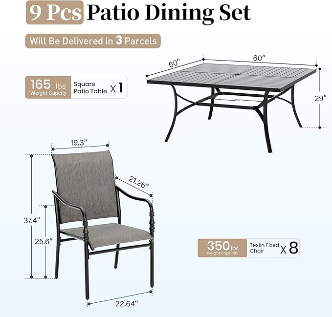 Patio Table and Chairs Set of 8, All-Weather Breathable Textilene Patio Chair with Gourd-Shaped Armrests, 60x60 Square Table with Umbrella Hole, 9 Pcs Metal Frame Patio Dining Set
