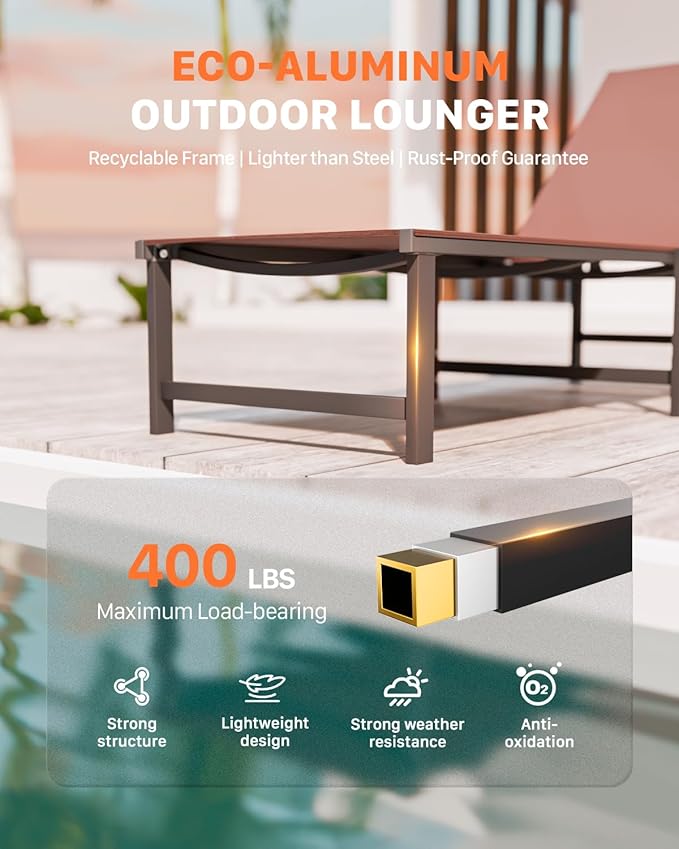 Chaise Lounge Chair Outdoor, Aluminum PatioChairs with 5 Adjustable Backrest and HeadrestPillows for Outside Beach，Brown