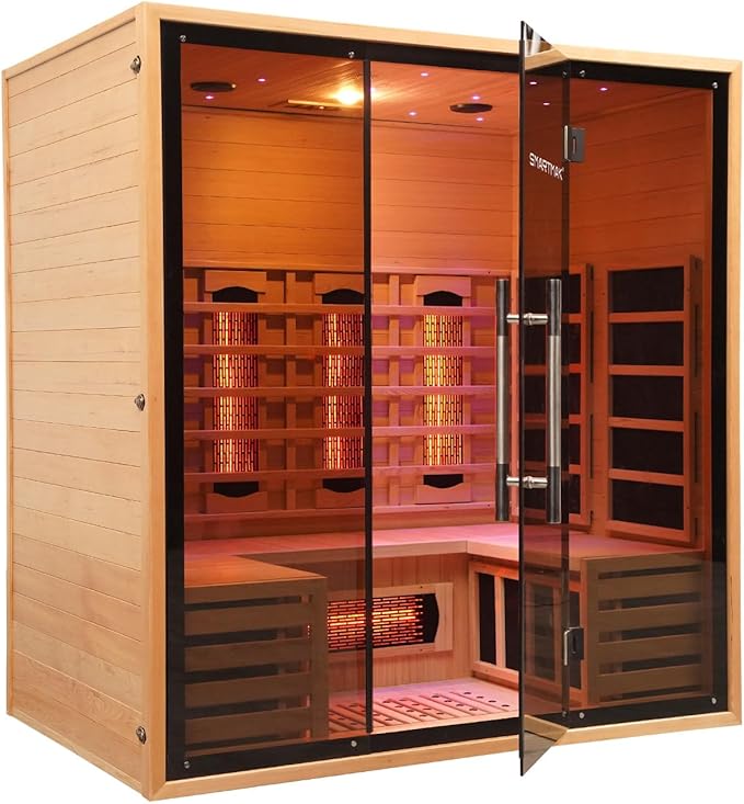 Full Spectrum Infrared Sauna for 4 Person, Indoor Canadian Hemlock Wood Red Light Home Spa Saunas with Upgraded WiFi Control, Speaker, Oxygen bar, Reading & 7-Color Starry Light, 2700W, 220V
