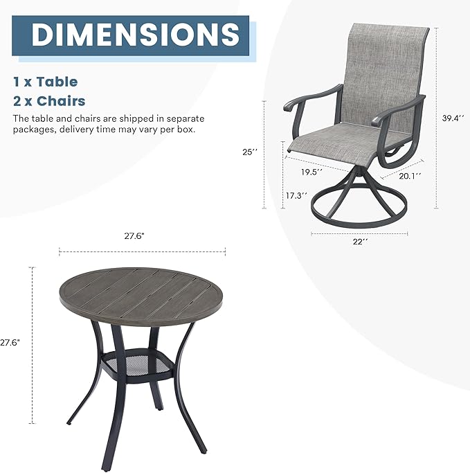 DIFY 3 Pieces Outdoor Patio Bistro Dining Set, 2 Grey Textilene Swivel Dining Chairs and 27.6" Grey Wood-Like Small Round Dining Table, Outdoor Table and Chairs