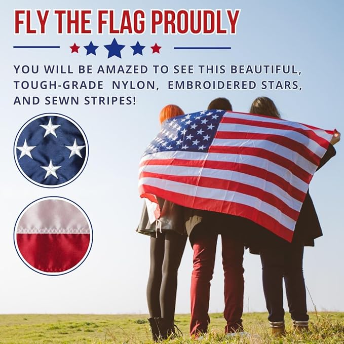 American Flag - Heavy-Duty US Flag - Embroidered Stars - Nylon USA Flag Built for Outdoors - Sewn Stripes - UV Protection - Brass Grommets (15x25 ft)