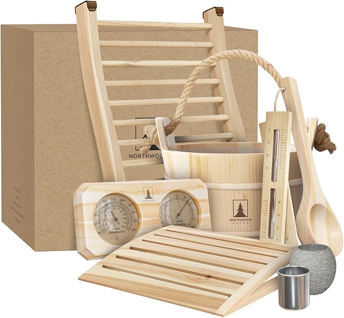 Sauna Accessories Kit - Handmade from Finnish Pine Wood - Complete Set (Bucket & Ladle, Thermometer & Hygrometer, Sand Timer, Aromatherapy Cup, Backrest, Headrest)