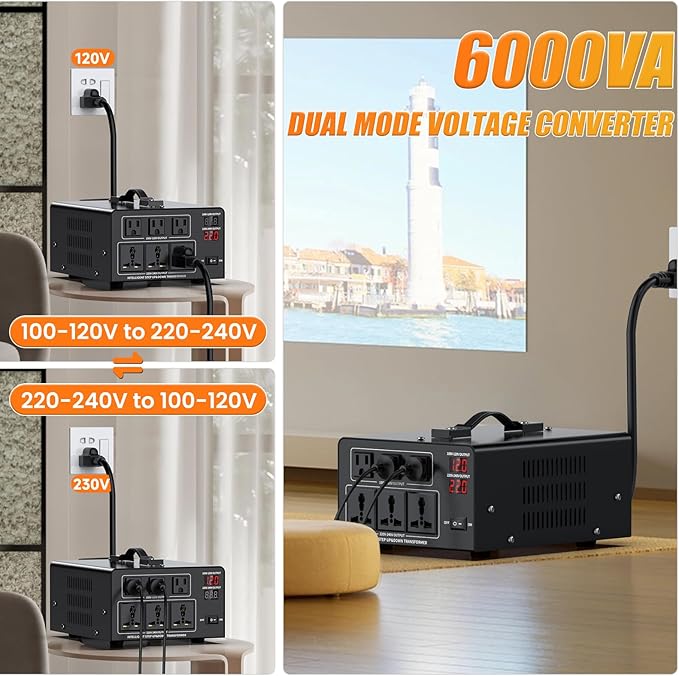 6000W Voltage Converter Transformer Step Up 110V/120V to220V/240V or Step Down 220V to 110V AC Power Converte, Circuit Breaker Protection, 3 US sockets, 3 Universal sockets, LCD Display