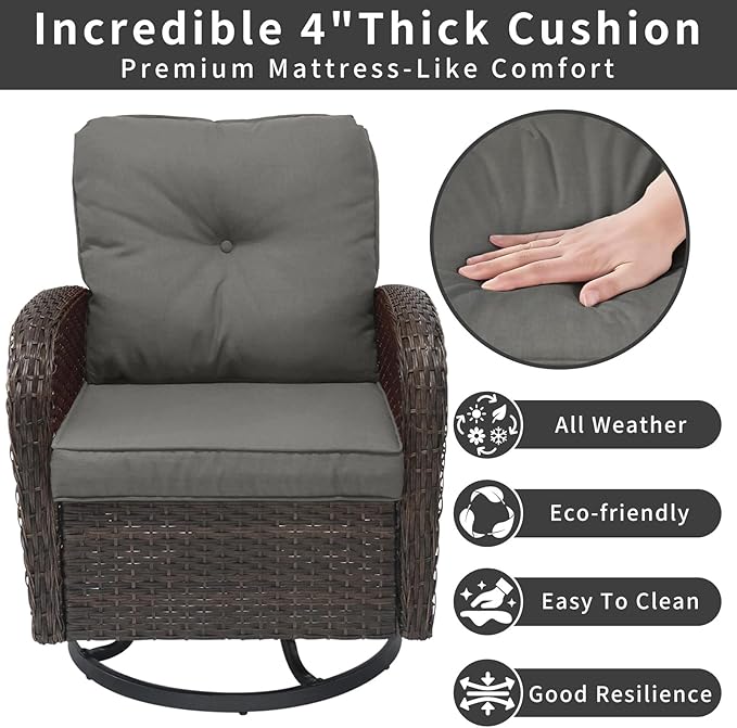 3 Pieces Patio Furniture Set, Outdoor Swivel Rocking Chair Set of 2 with Side Table - 360° Swivel, Thick Cushions, All-Weather Bistro Set for Deck, Porch, Pool (Grey, Brown Full-Weave Rattan)