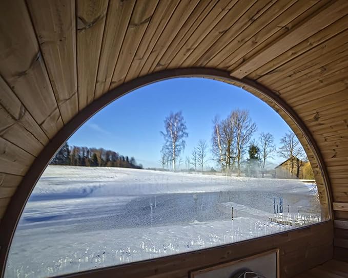 Outdoor Barrel Sauna 4 Person, Canadian Pinewood with Porch, 220V, Half Glass Window, 4.5KW Toule Heater,Waterproof System, Rugged Base(0-195℉)