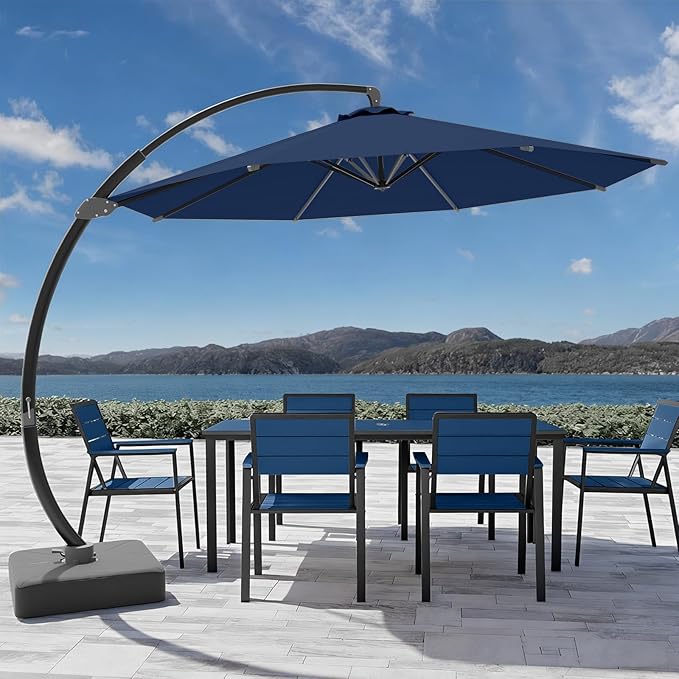 7-Piece Patio Dining Set with 11 FT Curvy Cantilever Umbrella, HDPE Tabletop & Aluminum Frame All-Weather Outdoor Furniture for Garden, Backyard, Poolside, Navy