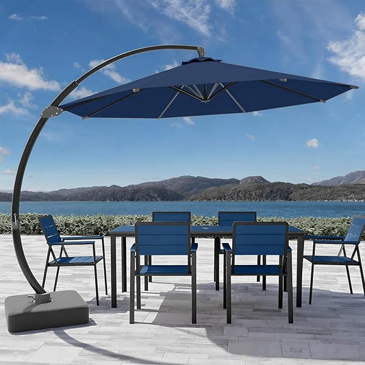 7-Piece Patio Dining Set with 11 FT Curvy Cantilever Umbrella, HDPE Tabletop & Aluminum Frame All-Weather Outdoor Furniture for Garden, Backyard, Poolside, Navy