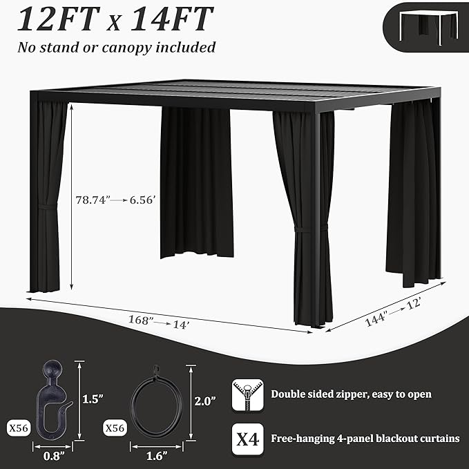 Gazebo Universal Replacement Privacy Curtain,12'×14' Gazebo Outdoor Waterproof Curtains, 4-Panels Sidewall Curtains with Double Zipper for Patio Canopy, Garden and Backyard (Curtain Only)