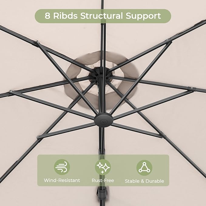 10 FT Patio Umbrella, Outdoor Cantilever Round Umbrella with Creative Swivel Handle and Tilt, Olefin Large Offset Umbrella with 360-degree Rotation Table Garden Pool Patio Umbrellas, Champagne
