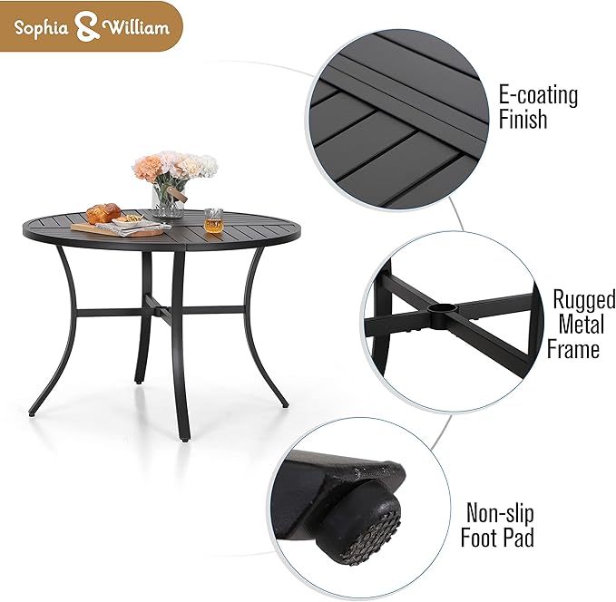 Sophia & William 5 Pieces Patio Dining Set with 4 Metal Armchairs and Round Dining Table, Outdoor Conversation Armchairs Furniture with Seat Cushions and 1.57" Umbrella Hole for Porch Backyard Balcony