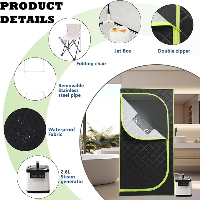 Portable Sauna Box, Portable Steam Sauna for Home with 2.6L 1000W Steamer, 15 Levels, Folding Chair, Extra Large Size (31.5 x 31.5 x 68.9 inch)