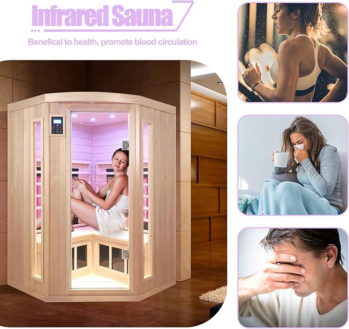 Infrared Saunas 2-3 Person, Ceramic Infrared Sauna for Home, Low EMF Indoor Home Sauna Spa, Ultra Large Size Corner Sauna, Hemlock Wood Sauna Room, Bluetooth Speakers, Chromotherapy Lights