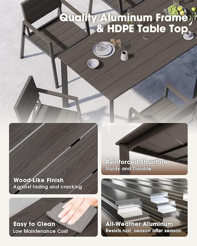 Patio Outdoor Dining Set for 6, Aluminum 7 Piece HDPE Outdooor Table and Chairs Set with Umbrella Hole, Modern Rectangular Patio Furniture Set with All-Weather Table & 6 Chairs (Charcoal)
