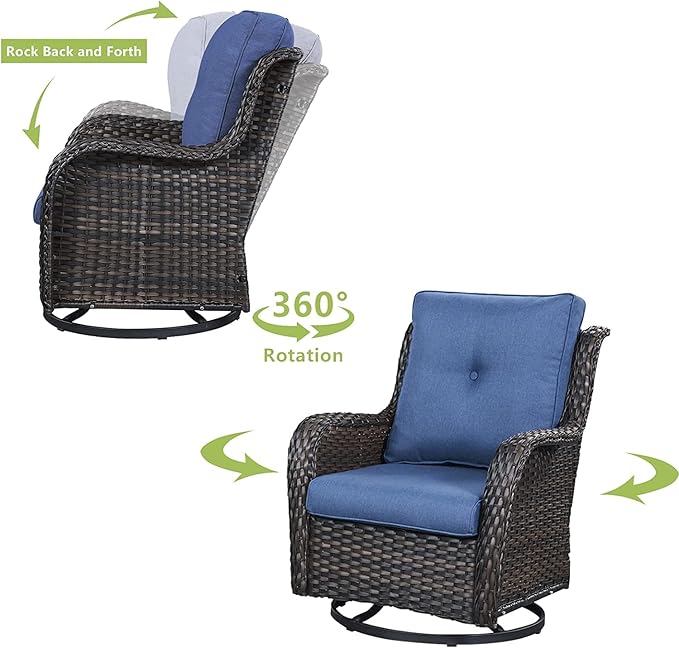 HUMMUH 7 Pieces Patio Furniture Set with Fire Pit Table Outdoor Conversation Set PE Wicker Patio Couch Swivel Glider Chairs Ottomans for Balcony Garden,Lawn,Deck