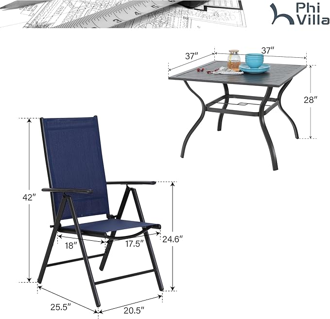 PHI VILLA Outdoor Dining Set for 4 with Patio Table and Chairs, Patio Dining Furniture Set with Adjustable Foldable Patio Chairs & Metal Steel Table for Garden,Yard and Deck, Blue