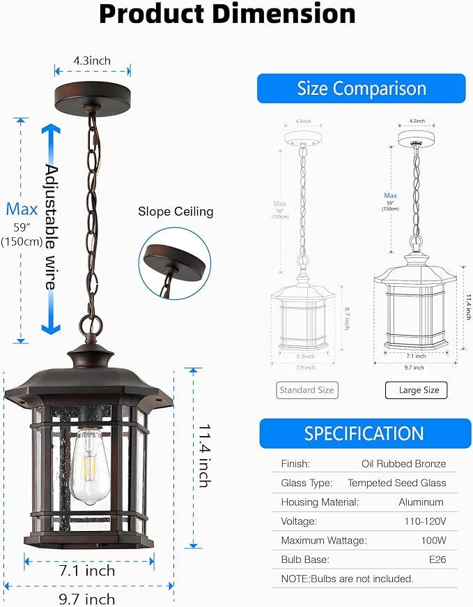 VIANIS Large Outdoor Pendant Lights for Porch, Bronze Hanging Light, Waterproof Hanging Porch Light for House, Garden, Front, Anti-Rust, 100% Aluminum, Seed Glass