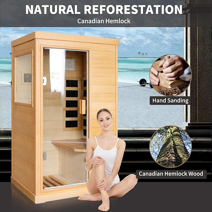 Infrared Sauna Home Sauna Spa Room Canadian Hemlock Wood 800W Indoor Saunas Low EMF 110V with Control Panel and Tempered Glass Door