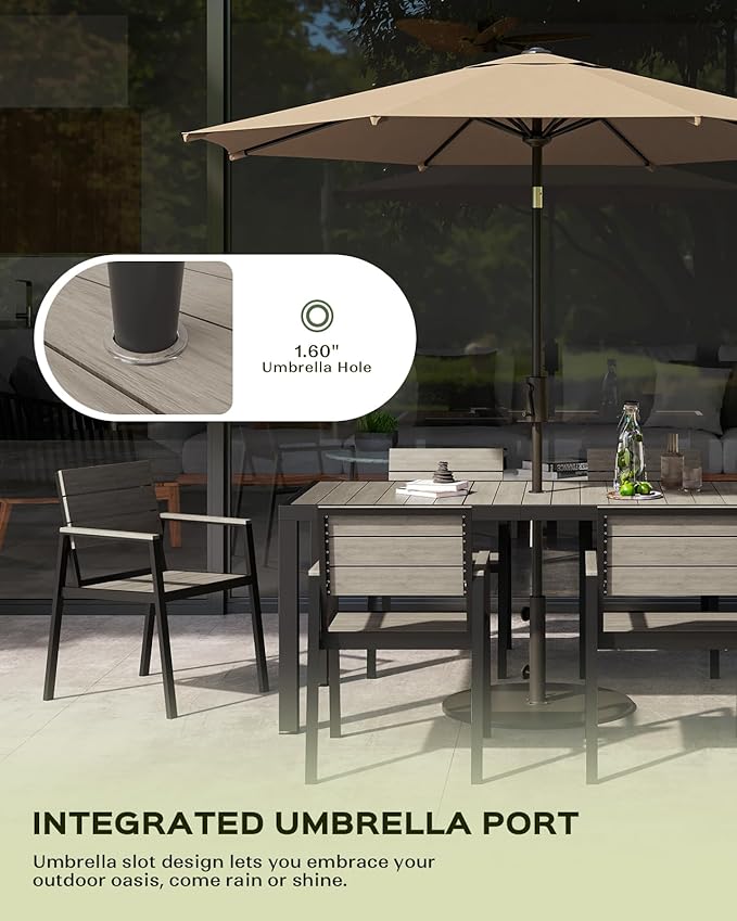 Outdoor Dining Set for 6, Patio Table and Chairs Set, Aluminum Patio Furniture Set with Umbrella Hole, HDPS Patio Dining Table Set for 6 (Gray)