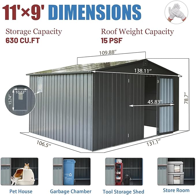 Backyard Storage Shed 11x9ft with Windows, Dark Gray Galvanized Steel Garden Shed - 630 Cu.Ft Outdoor Utility Shed, Lockable Double Doors & Sloped Roof for Patio