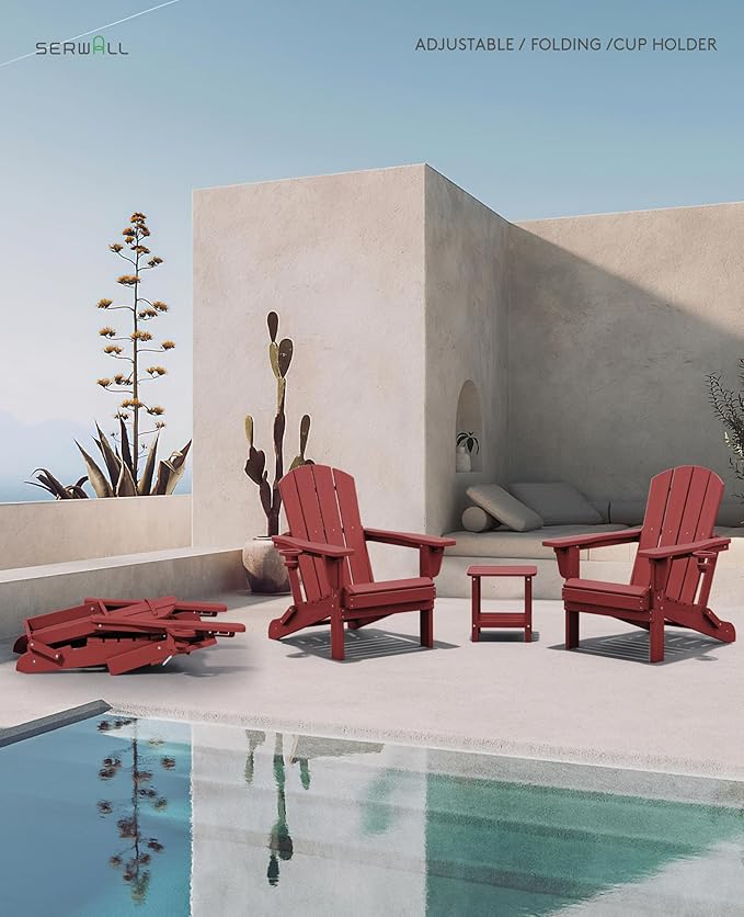 SERWALL Folding Adirondack Chair Set of 6, Adjustable Adirondack Chair with 3 Recline Positions, All Weather HDPE Outdoor Adirondack with Cup Holders, Red