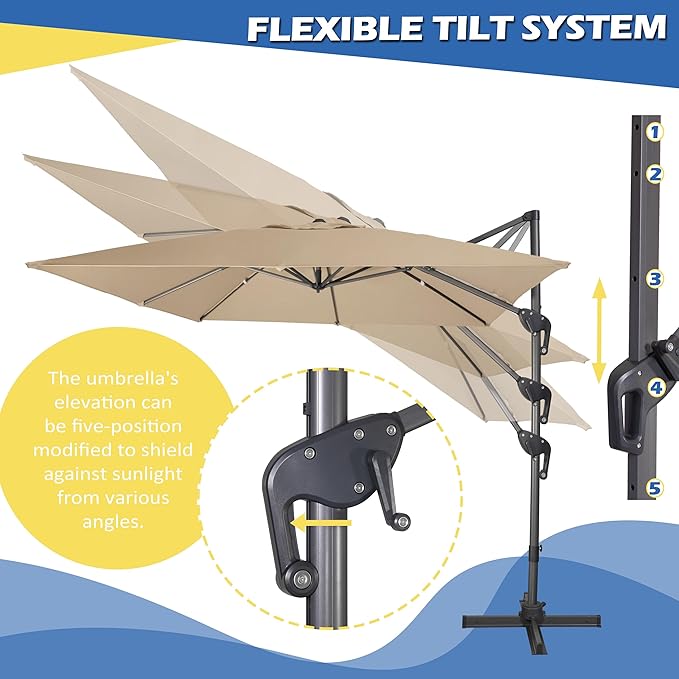 Sunnyglade 10x10Ft Cantilever Patio Umbrella Square 360° Rotation & Integrated Tilting System Offset Umbrella with 8 Sturdy Ribs, Fade-resistant & Waterproof for Garden Backyard Poolside Deck