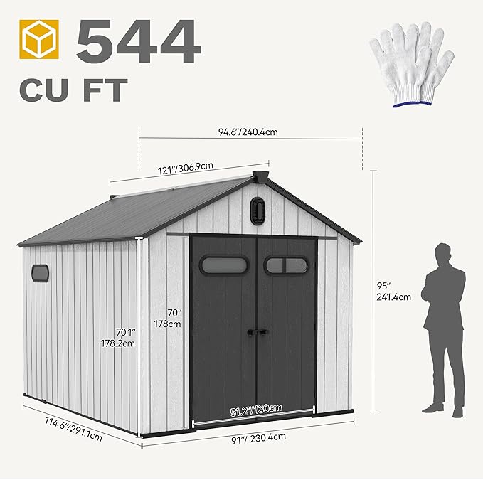 DWVO 8x10 FT Outdoor Storage Shed, 544 cuft Large Plastic Storage Shed with Floor & Lockable Door, Outside Tool Garden Shed with Windows & Vents for Patio Furniture, Lawn Mower, Bike, Black&Gray