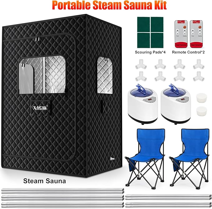 2 Person Sauna, Extra Large Sauna Box, Portable Steam Sauna Tent with 2 Steamers, 2 Folding Chair, 71”x 49”x 36”, Black