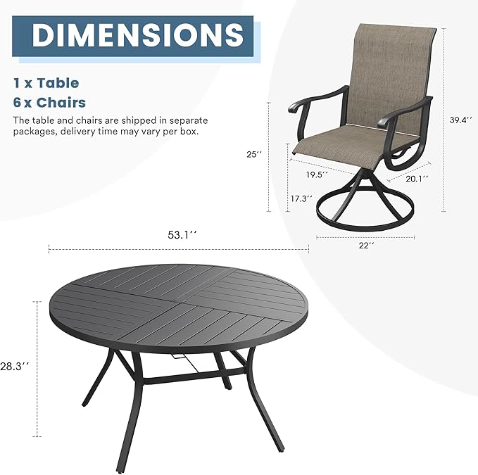 DIFY 7 Pieces Outdoor Patio Dining Set, 6 Brown Textilene Swivel Dining Chairs and 53.1" Black Round Metal Dining Table, Outdoor Table and Chairs