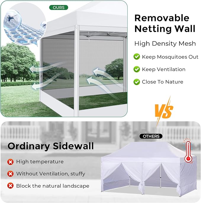 COBIZI 10x30 Heavy Duty Pop Up Canopy with 8 Sidewalls, Commercial Gazebo Party Tent with Mosquito Netting Wall Easy Set Up Outdoor Instant Screen Tent for Backyard, Patio, Garden, White