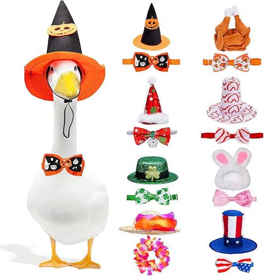 8 Set Holiday Porch Goose Outfits for 17/23" Plastic Lawn Goose - Halloween, Thanksgiving, Christmas, St. Patricks, Summer, Valentines Easter - Patio Yard Garden Decor with Hat and Bow Tie
