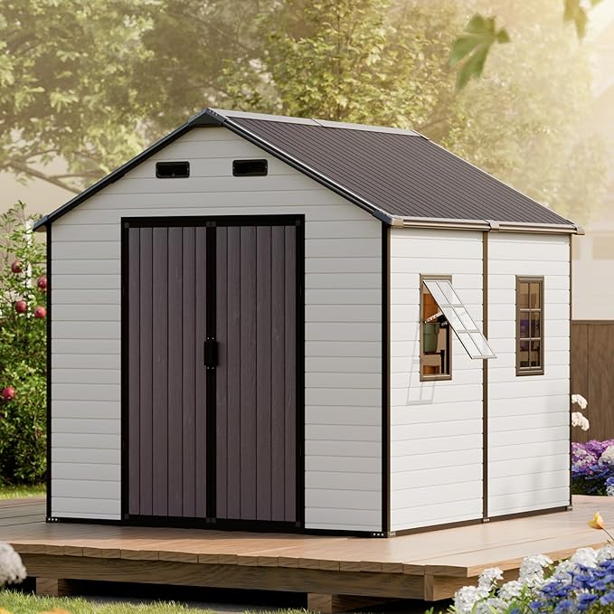 8x8 FT Resin Storage Sheds with Floor and Openable Windows, Large Waterproof Outdoor Plastic Garden Sheds with Base for Backyard Patio Lawn Big Tools Storage, Gray