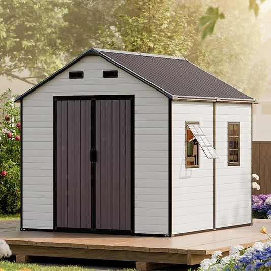 8x8 FT Resin Storage Sheds with Floor and Openable Windows, Large Waterproof Outdoor Plastic Garden Sheds with Base for Backyard Patio Lawn Big Tools Storage, Gray